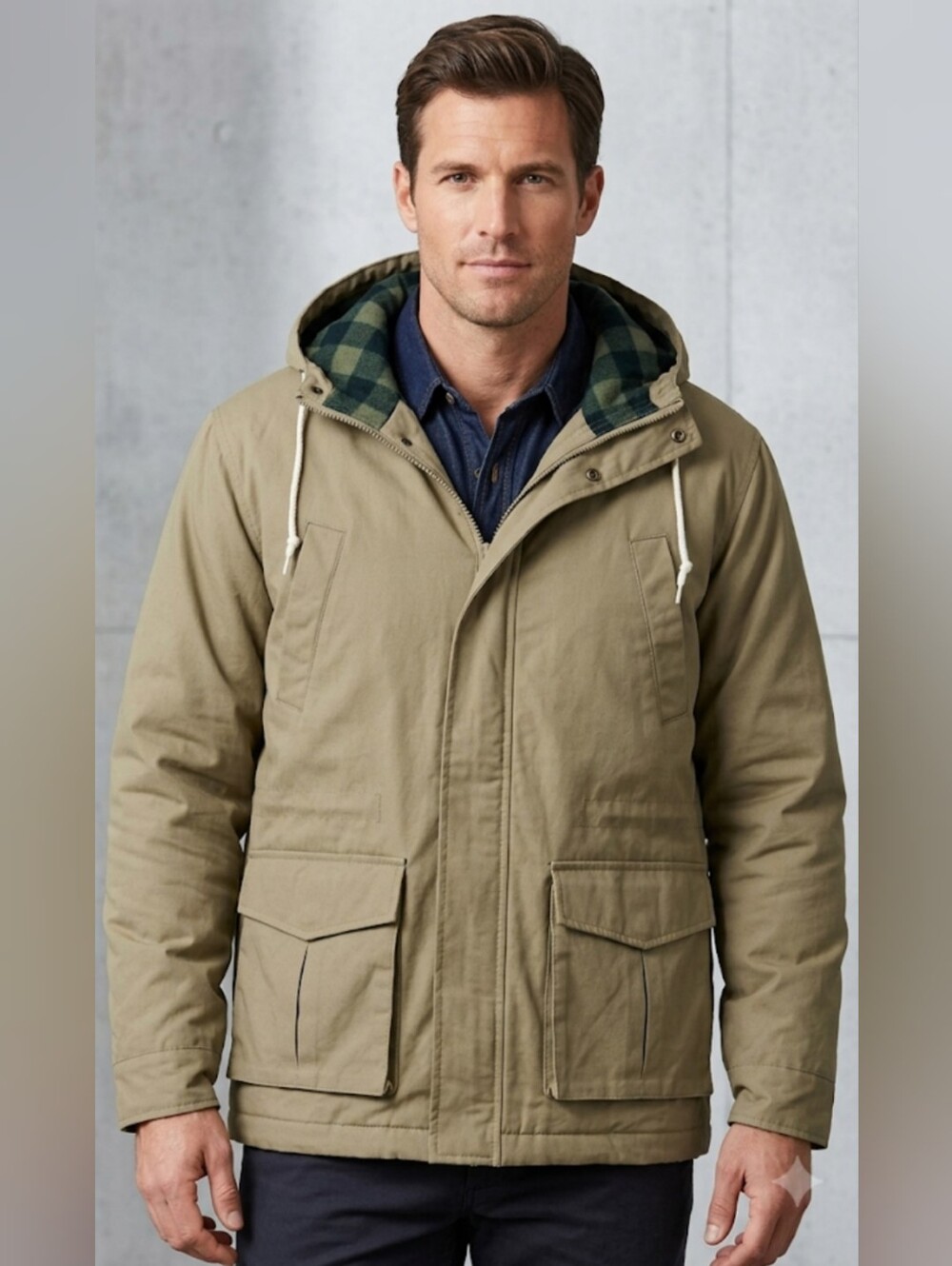 Men's Hooded Parka Jacket in Khaki by
